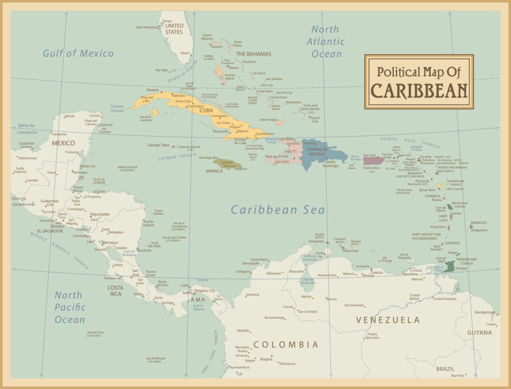 Caribbean islands political map